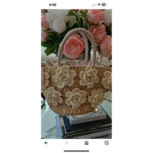 Raffia Straw Crochet Camelia Rose Floral Bag By Cynthia Crowley Drawstring Closu